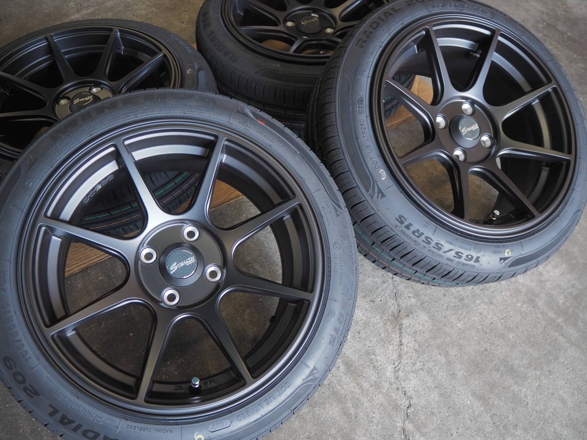 ★引っ張り★165/55R15 7J+30 4H100 新品 人気 軽量 逆ゾリ 1台分 N-BOX ALTO ワゴンR DAYS ESSE TANTO WAKE MOVE MIRA カスタム ブラック_画像2