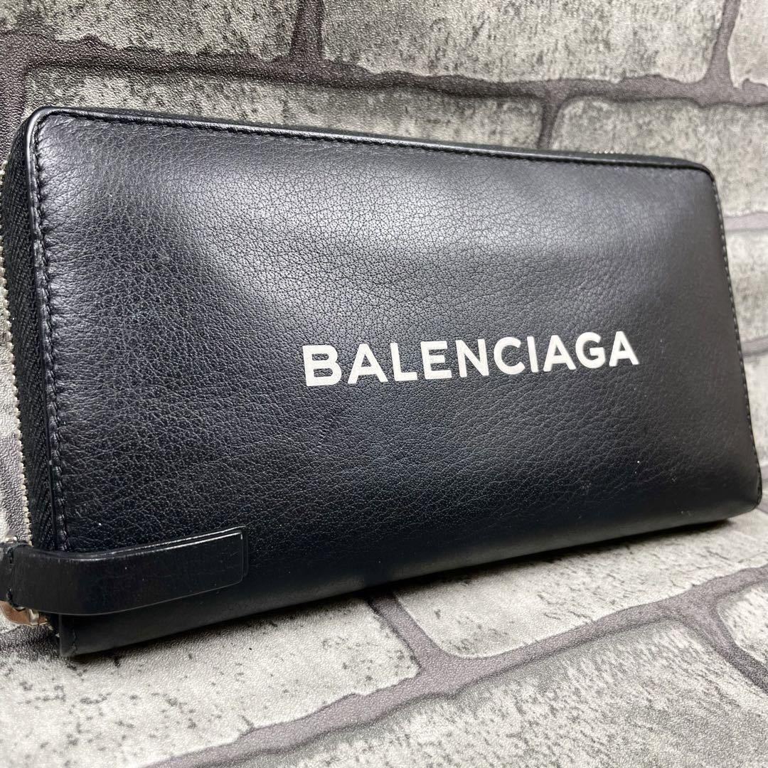 極美品●BALENCIAGA バレンシアガ メンズ ビジネス 長財布 ラウンドジップ エブリデイ デカロゴ レザー 本革 黒 ブラック_画像1