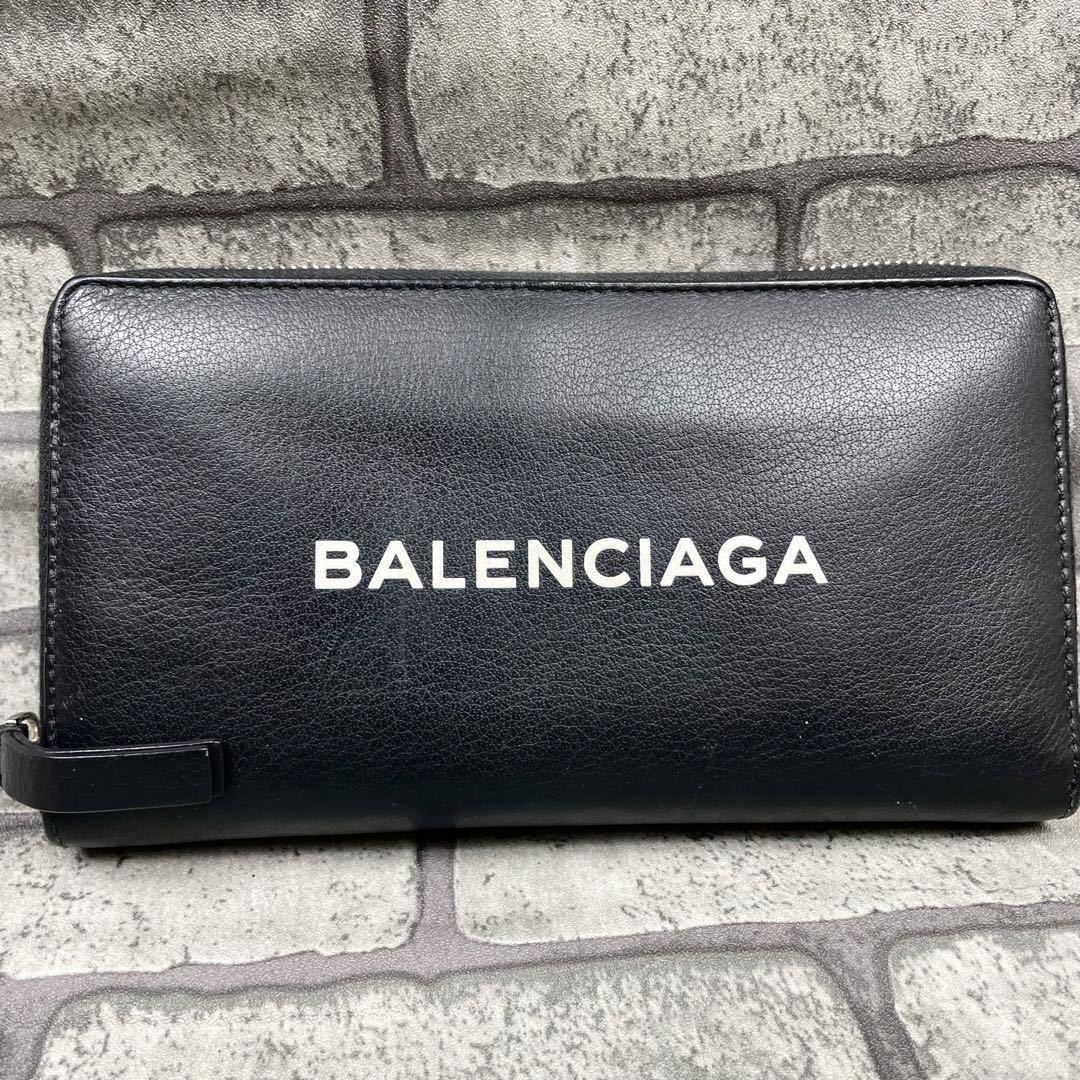 極美品●BALENCIAGA バレンシアガ メンズ ビジネス 長財布 ラウンドジップ エブリデイ デカロゴ レザー 本革 黒 ブラック_画像2