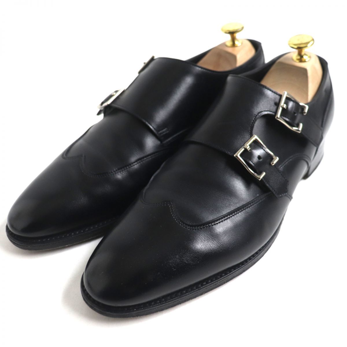 美品▼JOHN LOBB ジョンロブ EMBER 7000ラスト ウィングチップ ダブルモンクストラップ レザーシューズ 黒 7 1/2 メンズ 英国製 ビジネス◎