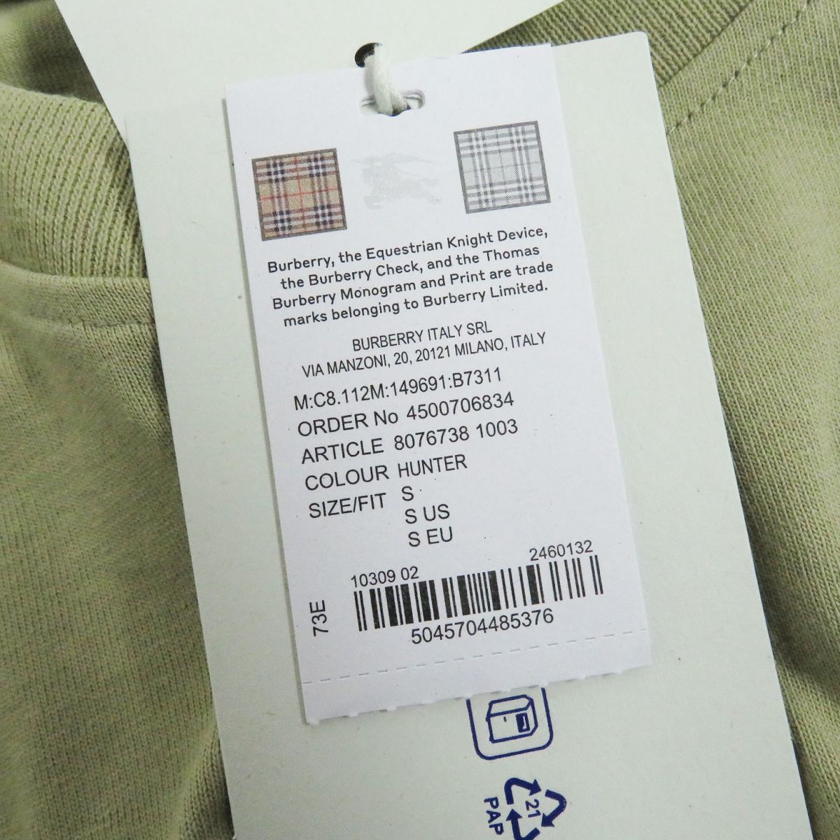 未使用品□23SS BURBERRY/バーバリー 807638 クルーネック 半袖 ショートスリーブ パネルコットンTシャツ/ポケットTシャツ ハンター S 正規_画像8