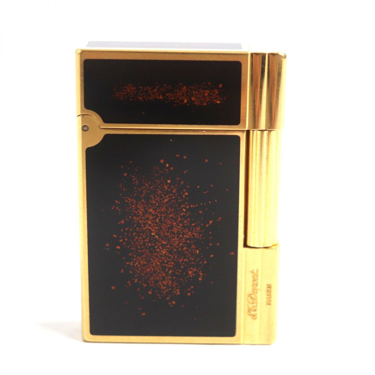 スケールモデル 新作 ロング エス・テー・デュポン 美品▼S.T.Dupont ギャッツビー 着火◎ 仏製 黒×ゴールド ガスライター ローラー式 ロゴ刻印 ラメ ラッカー デュポン