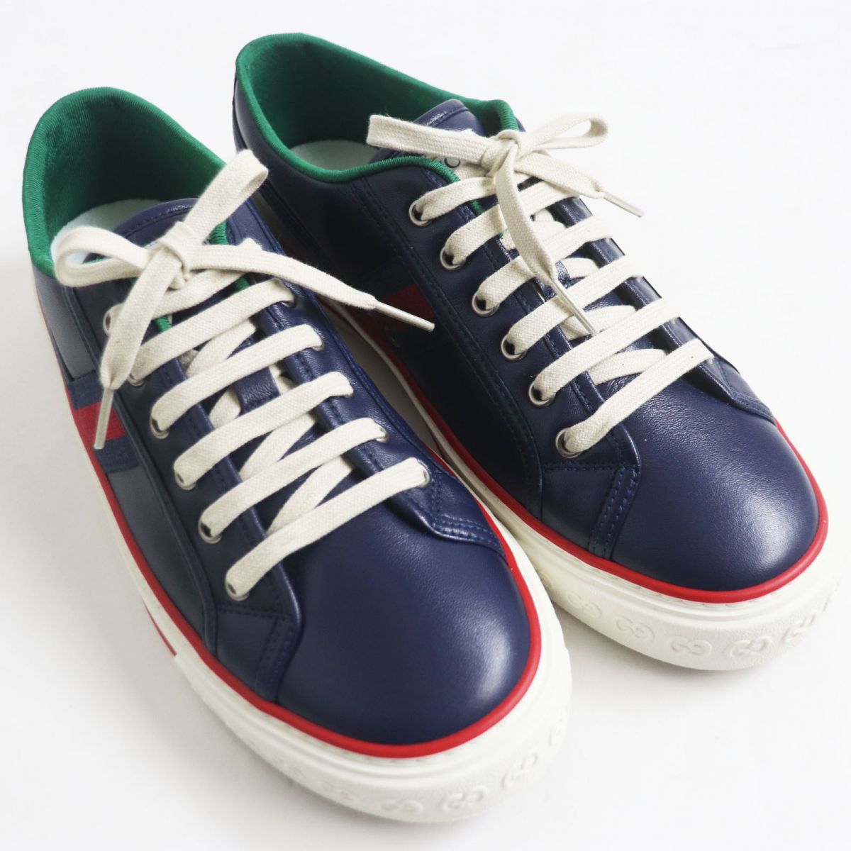 未使用品●GUCCI グッチ TENNIS/テニス1977 643585 ウェブライン ローカット レザースニーカー ダークネイビー 8 1/2 イタリア製 箱付き_画像3