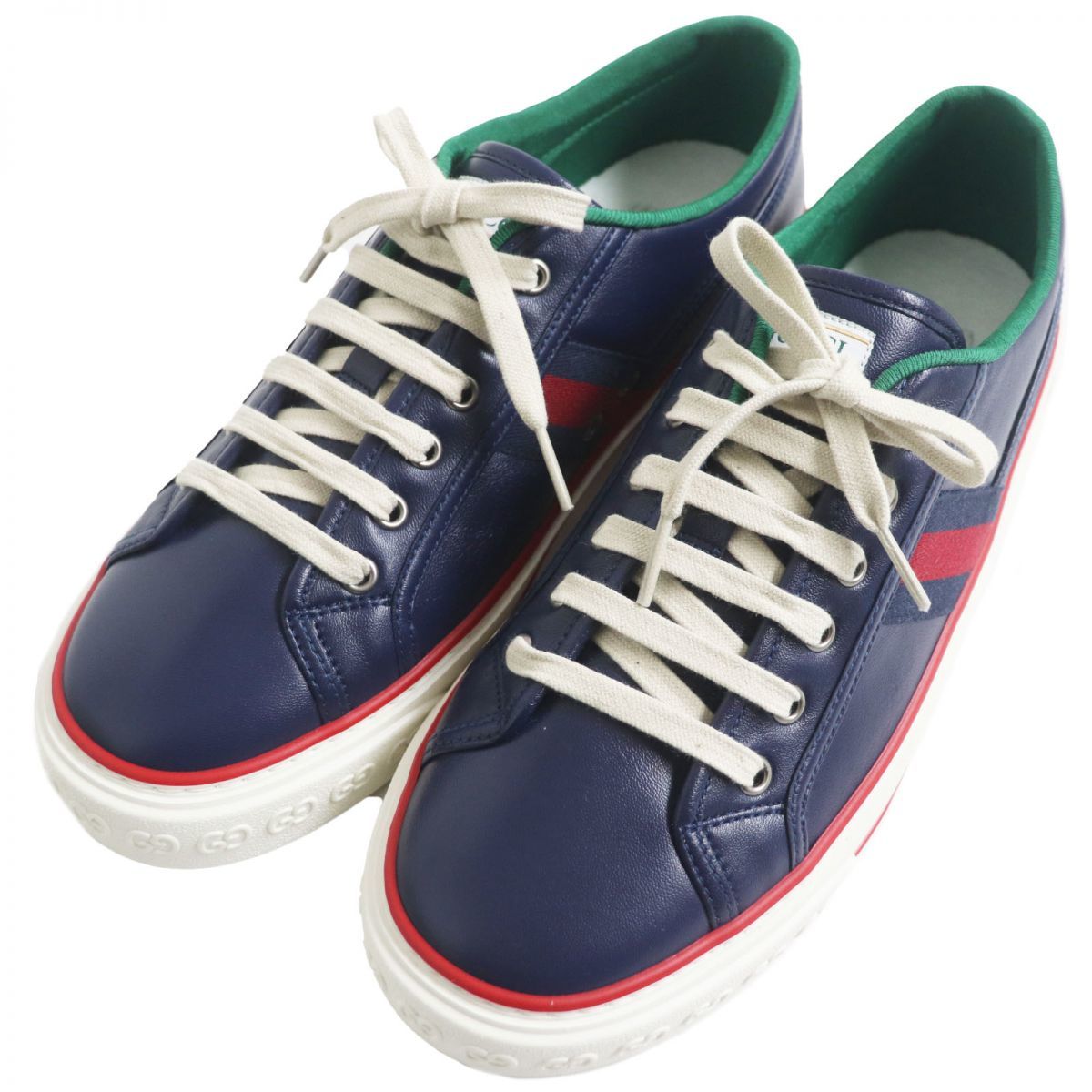 未使用品●GUCCI グッチ TENNIS/テニス1977 643585 ウェブライン ローカット レザースニーカー ダークネイビー 8 1/2 イタリア製 箱付き_画像1