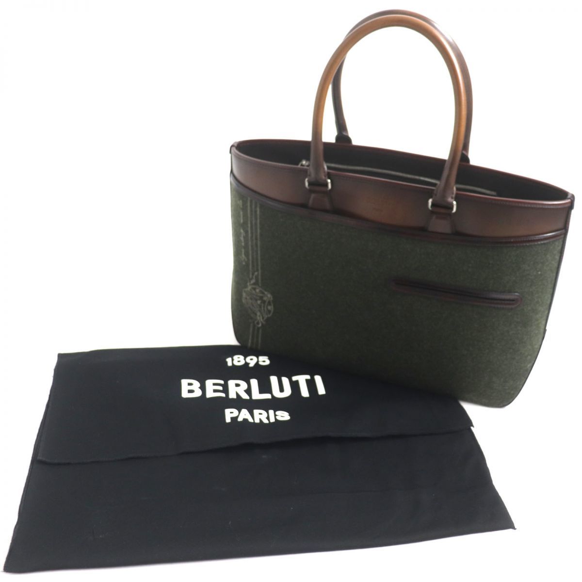 極美品▼23AW 定価408100円 BERLUTI ベルルッティ トゥジュール 5121ナンバリング ウール トートバッグ 茶×グリーン 伊製 メンズ 袋付き_画像2