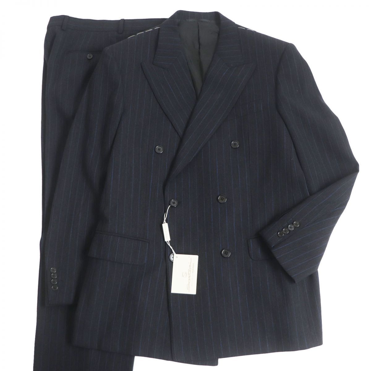 [ Don Don review ] unused goods *Santoni/ sun to-ni stripe pattern wool 100% double-breasted suit top and bottom setup black × blue 48 men's 