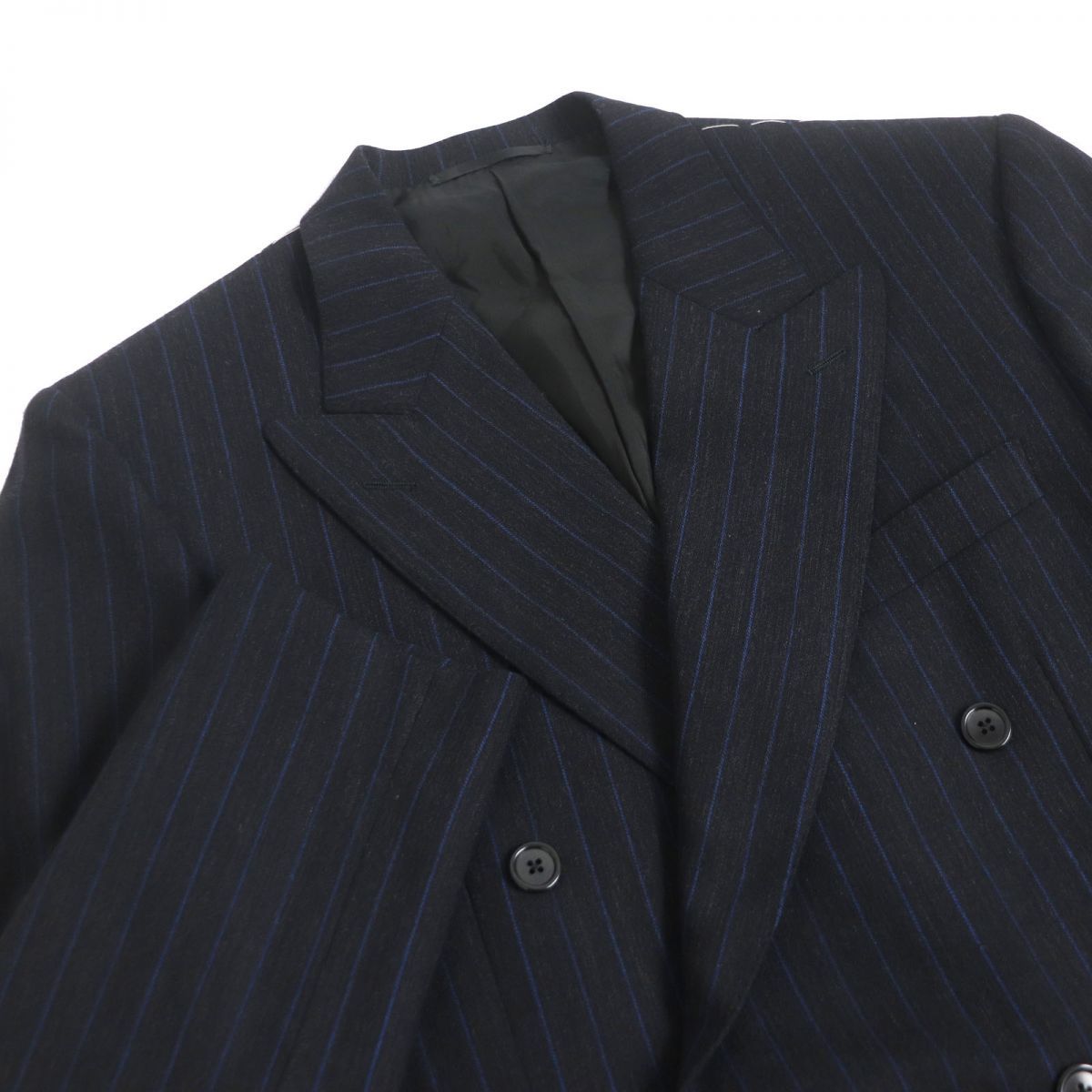 [ Don Don review ] unused goods *Santoni/ sun to-ni stripe pattern wool 100% double-breasted suit top and bottom setup black × blue 48 men's 