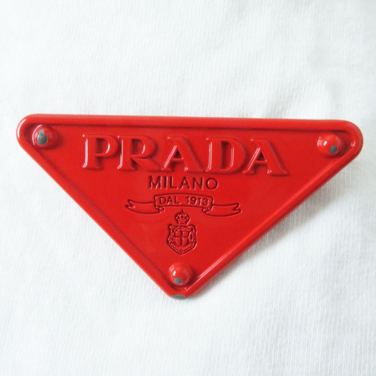 極美品◎正規 PRADA プラダ 22SS レディース 3560A レディース 三角ロゴブローチ クロップドジャージー 半袖 Tシャツ 白×赤 S 定106480円_画像5