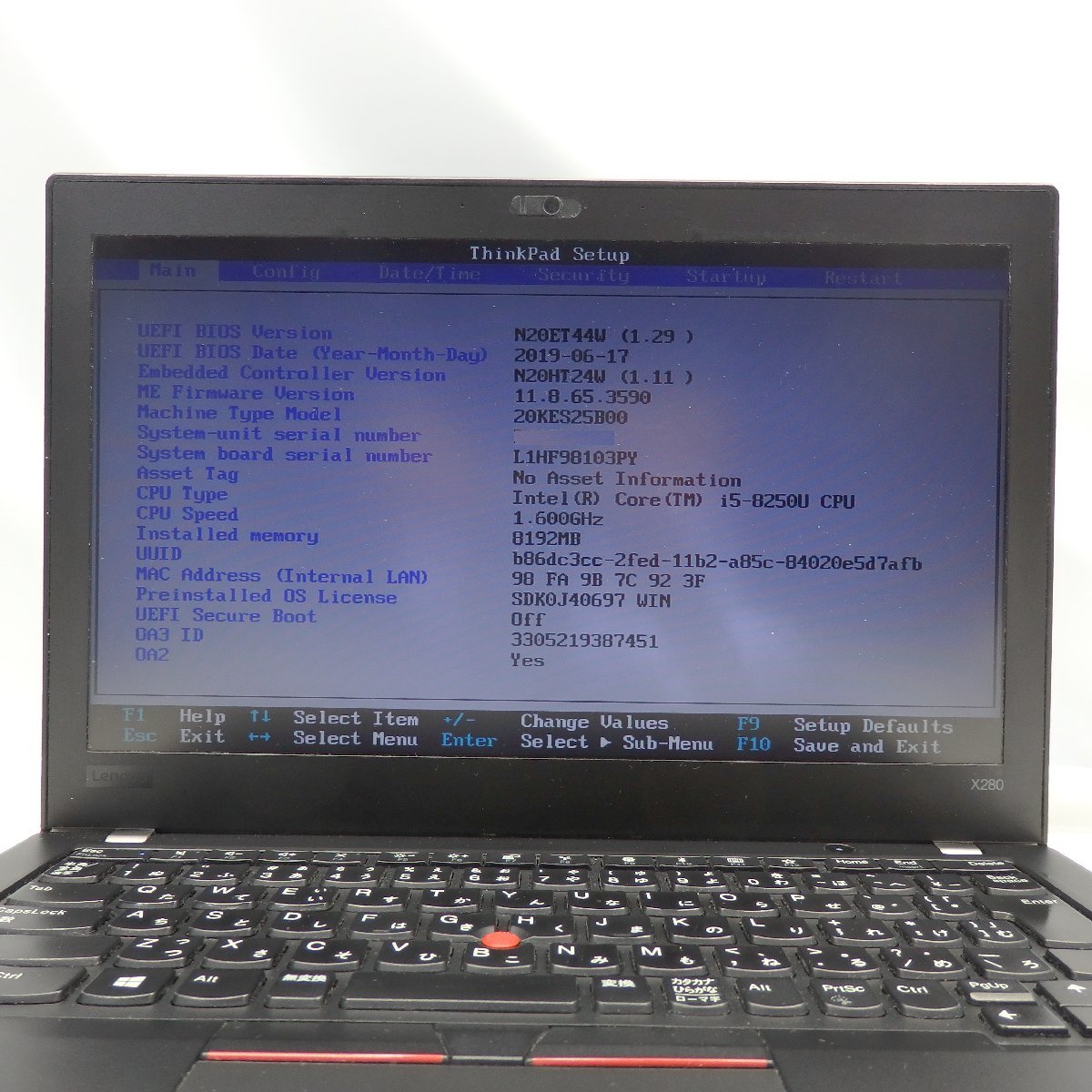 1円～【ジャンク】Lenovo ThinkPad X280 Core i5-8250U 1.6GHz/8GB/SSD256GB/12インチ/OS無【栃木出荷】_画像4