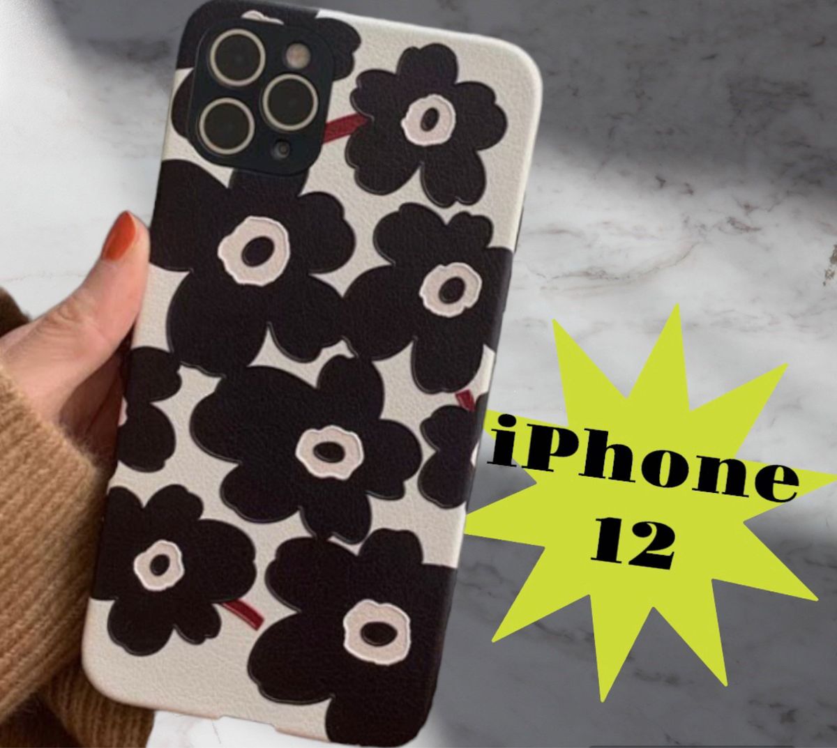 【値下げしました★】iPhone12 iPhoneケース　花柄　北欧デザイン　ブラック