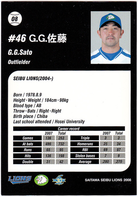 2008年 西武ライオンズ 球団発行 オリジナル 野球カード No.08 G.G.佐藤_画像2