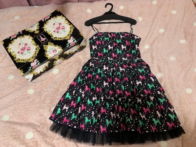  unused new goods! jean jacket Jesus Diamante poodle pattern ribbon One-piece [ size 40(M size )]* minnie dress ga- Lee .