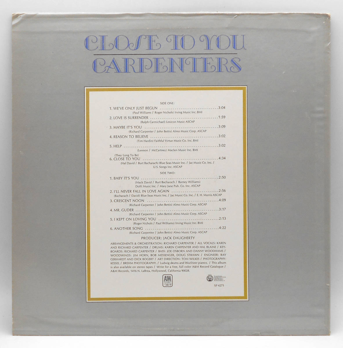 ★US ORIG LP★CARPENTERS/Close To You 1970年 初回TANラベ ROGER NICHOLS, BURT BACHARACH作品 『遙かなる影』『愛のプレリュード』収録_画像2