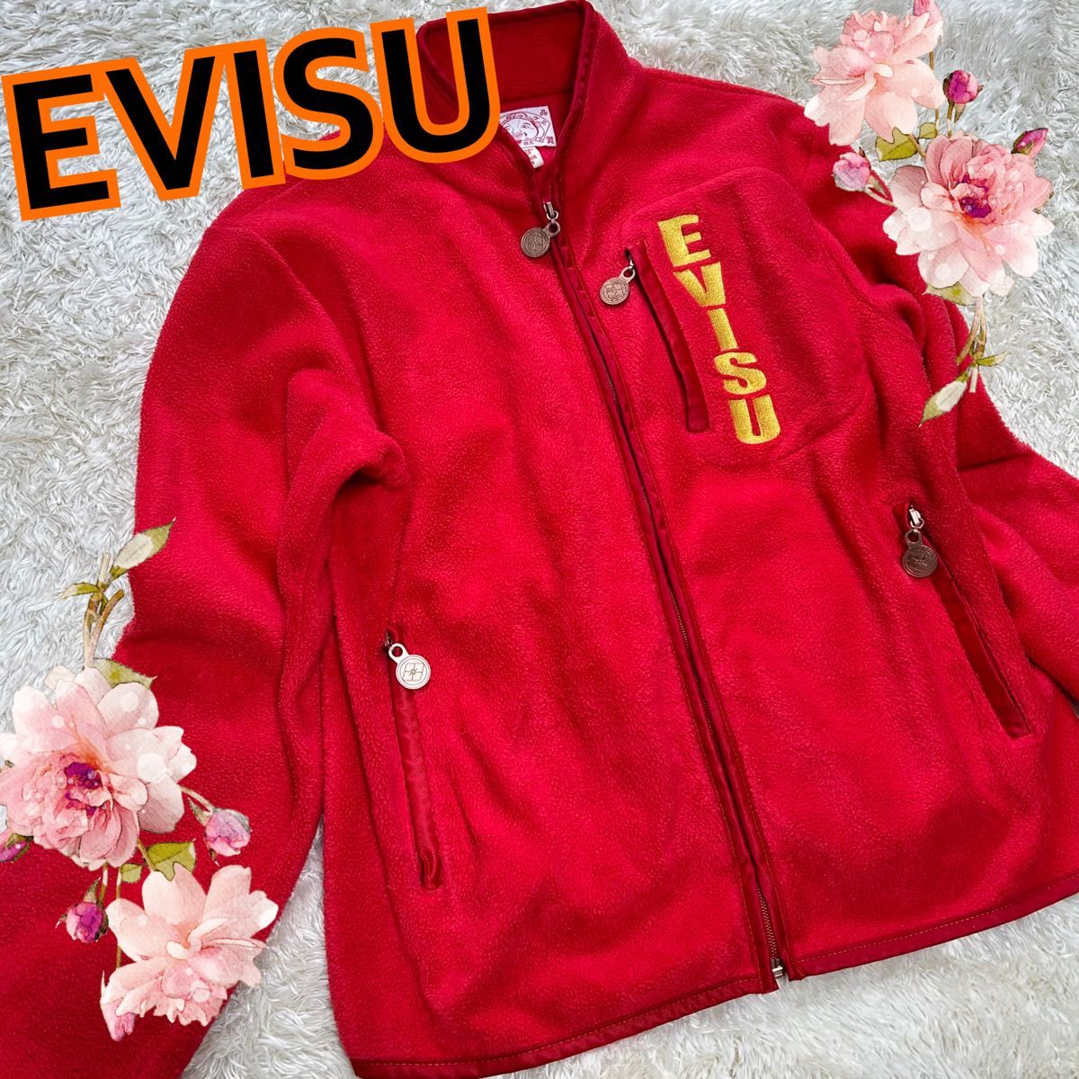 【EVISU】激レア 赤　フリース　ビックロゴ　目立つ　差し色　ボアロゴ