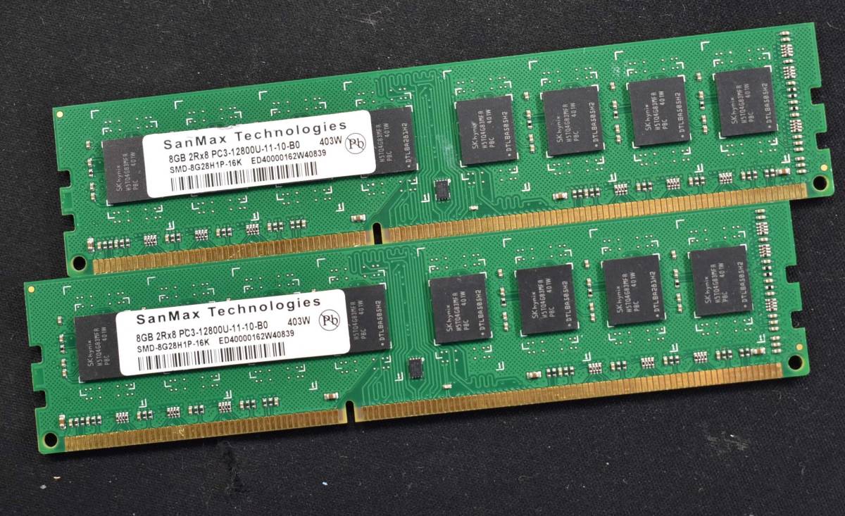 1円スタート 16GB (8GB 2枚セット) PC3-12800 PC3-12800U DDR3-1600 240pin non-ECC Unbuffered DIMM SanMax SK-Hynix1.5V (管:SA5645_画像1