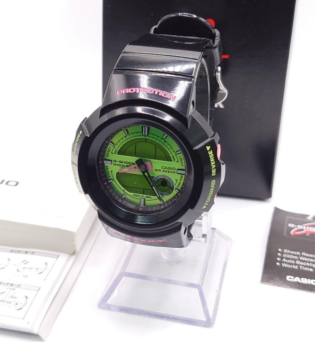【R1-365】 美品 CASIO G-SHOCK AW-582SC-1ADR 海外モデル デジアナ クレイジーカラーズ イエローグリーン メンズ 腕時計 箱付き_画像1