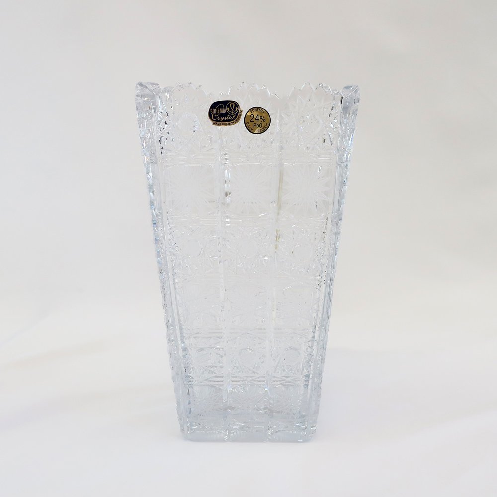 【天白】1円～ ボヘミアクリスタル 花瓶 ボヘミアグラス BOHEMIA フラワーベース クリスタル カットガラス 高さ20cm T2401-05-007618hm_画像1