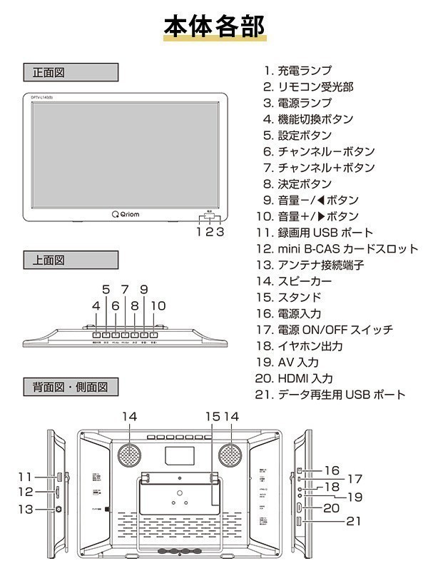 ポータブルテレビ 地上デジタル放送対応 14インチ 電源3WAY mini B-CASカード付属 DPTV-L140 サブモニター_画像7