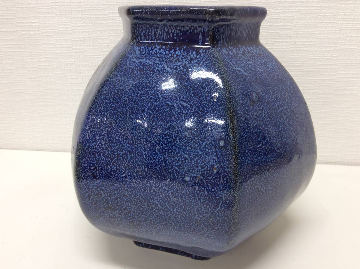 ■2357　花瓶 花器 森野 嘉光 作 銘有 釉六角 約2256g 花入 骨董 インテリア 詳細不明 共箱付 ※写真をご確認下さい_画像3