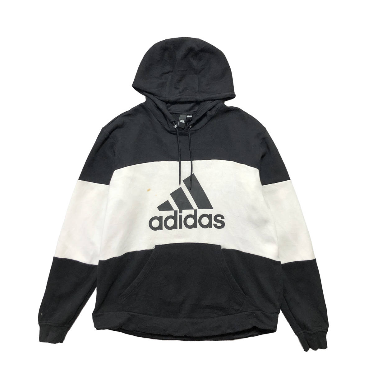 【980円スタート】 USA 古着 スウェット パーカー アディダス adidas ロゴ プリント バイカラー ブラック メンズL BE0073_画像1