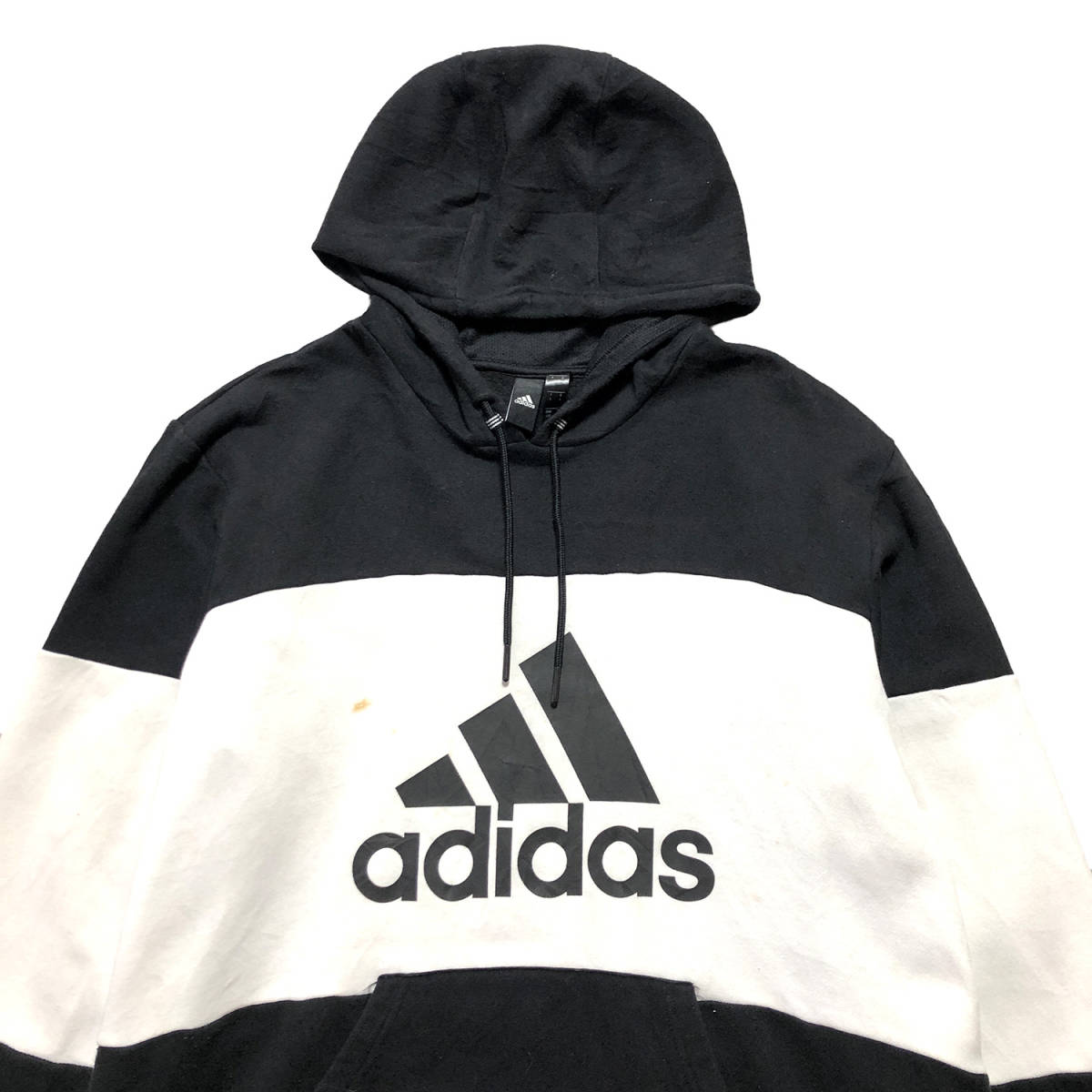 【980円スタート】 USA 古着 スウェット パーカー アディダス adidas ロゴ プリント バイカラー ブラック メンズL BE0073_画像3