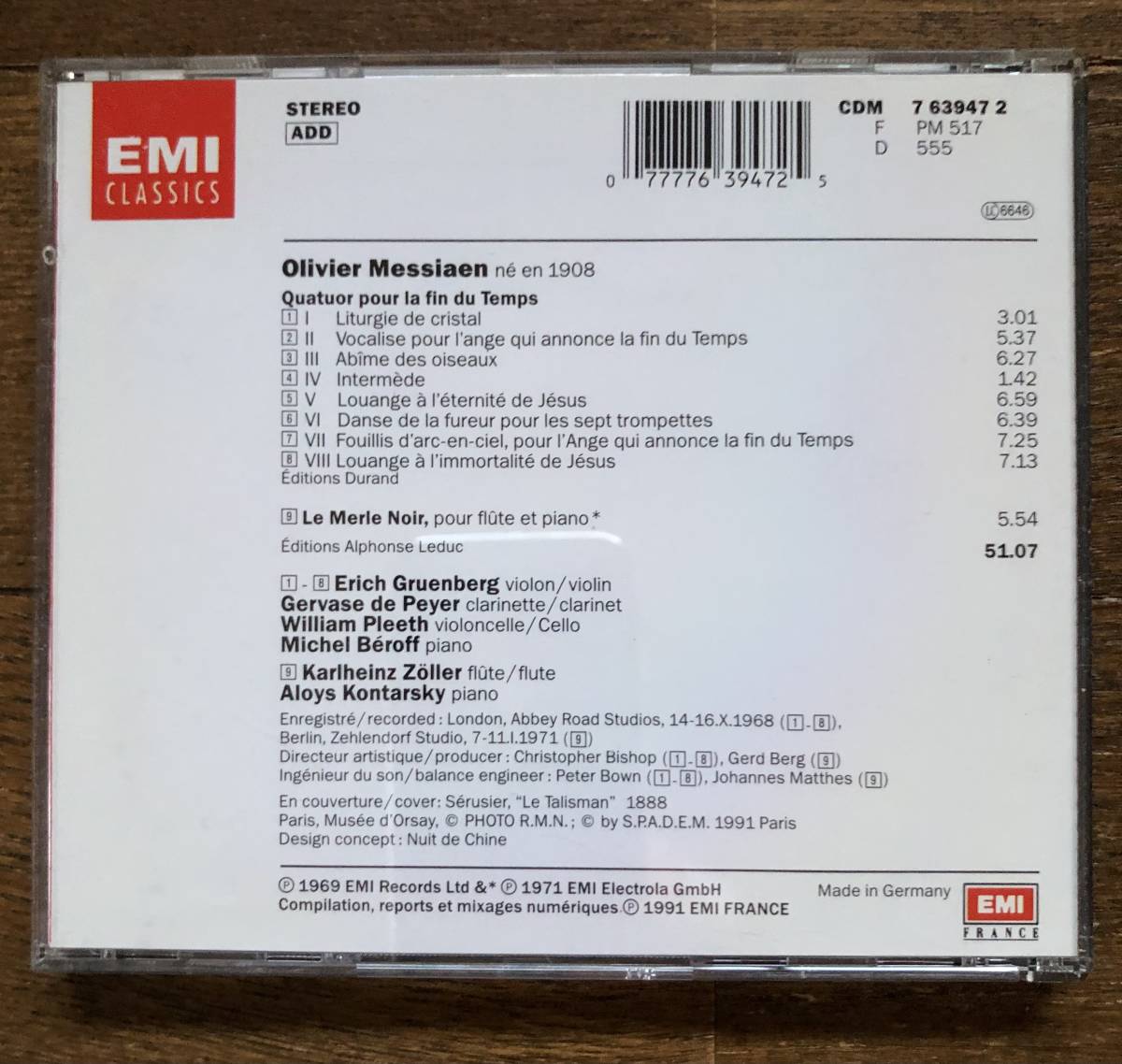 CD-Jan / EMI Classics / E.Gruenberg (Vn) G.Peyer (Clarinet) W.Pleeth (cello) / MESSIAEN_Quatuor pour la fin du Temps etc_画像2