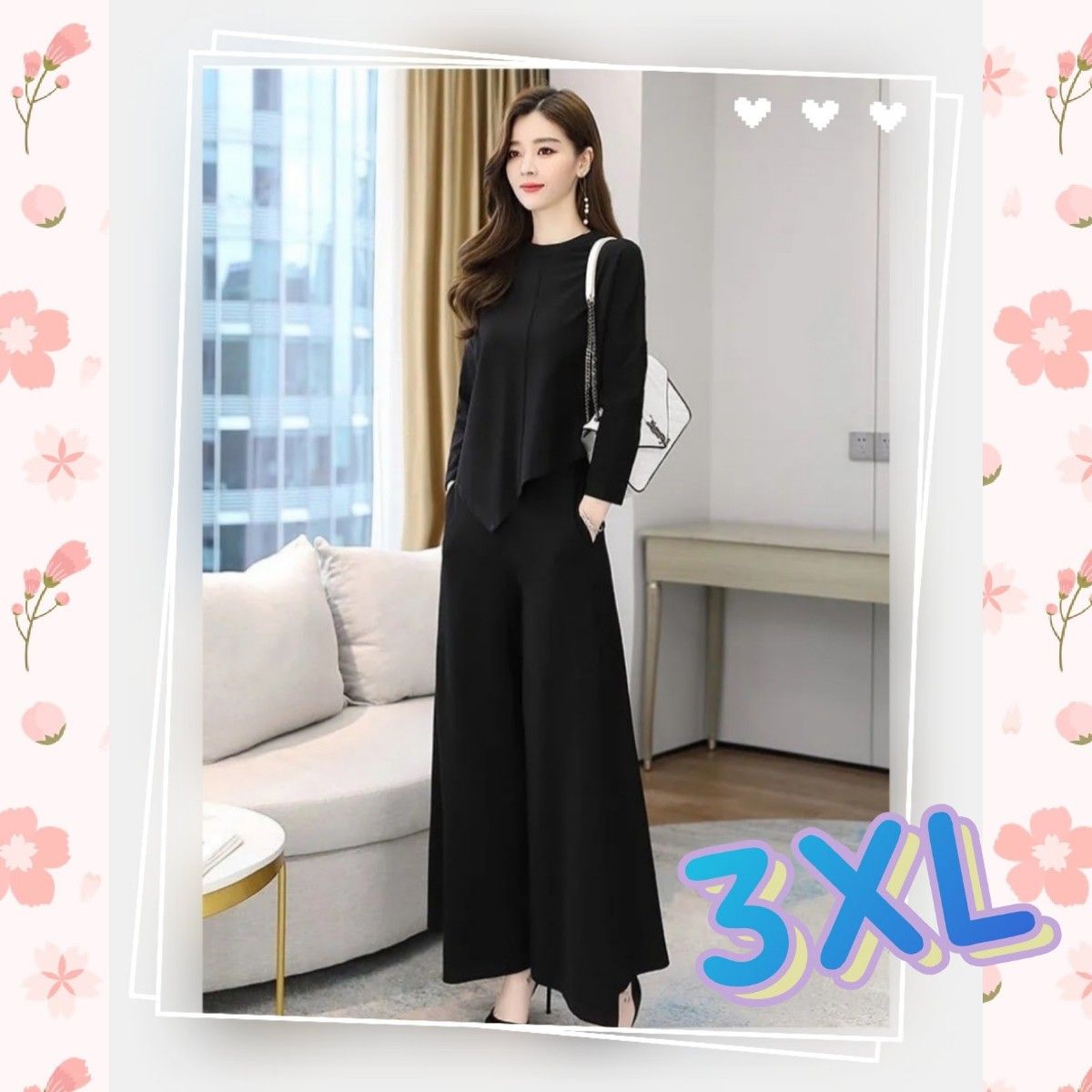○3XL○ 黒 セットアイテム パンツスーツ 無地 レディース 上下セット ○3XL○ 黒 セットアイテム パンツスーツ 無地 レディース 上下セット