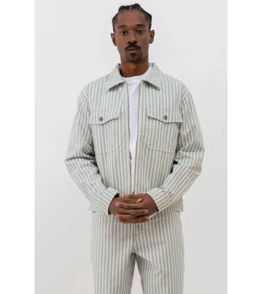 STUSSY STRIPE GARAGE JACKET XL ストライプ　セットアップ　対応　ジャケット ジップアップ　シャツ　ワークジャケット_画像1