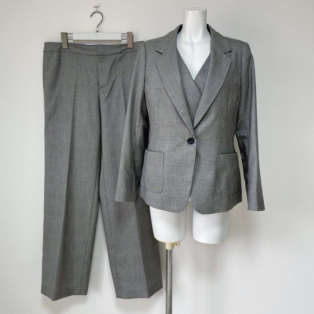 ダーマコレクション DAMAcollection レディースパンツスーツ カシミヤ シルク 絹 グレンチェック柄 3点セット 日本製 サイズ11AR 美品