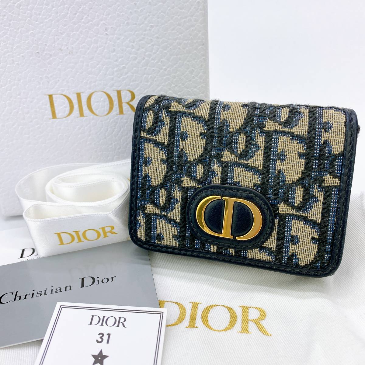 【1スタ】クリスチャン ディオール Christian Dior オブリーク ジャガード 三つ折り コンパクト 財布 30 モンテーニュ ギャランティ 箱付き_画像1