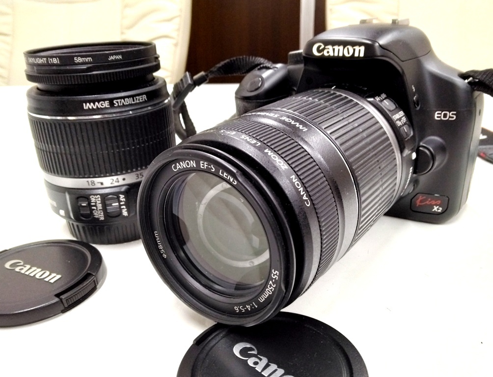 ☆Canon キャノン EOS Kiss X2 ダブルズームキット+レンズEFS 18-55mm/EFS 55-250mm2本【作動未確認】中古※税込価格_画像1