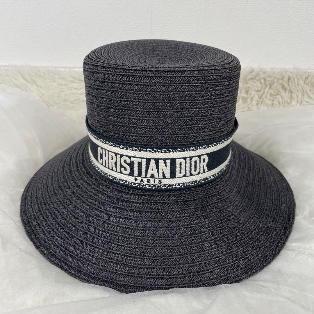 【極美品】Christian DIOR クリスチャンディオール ストローハット 麦わら帽子 ロゴ ブラック 黒