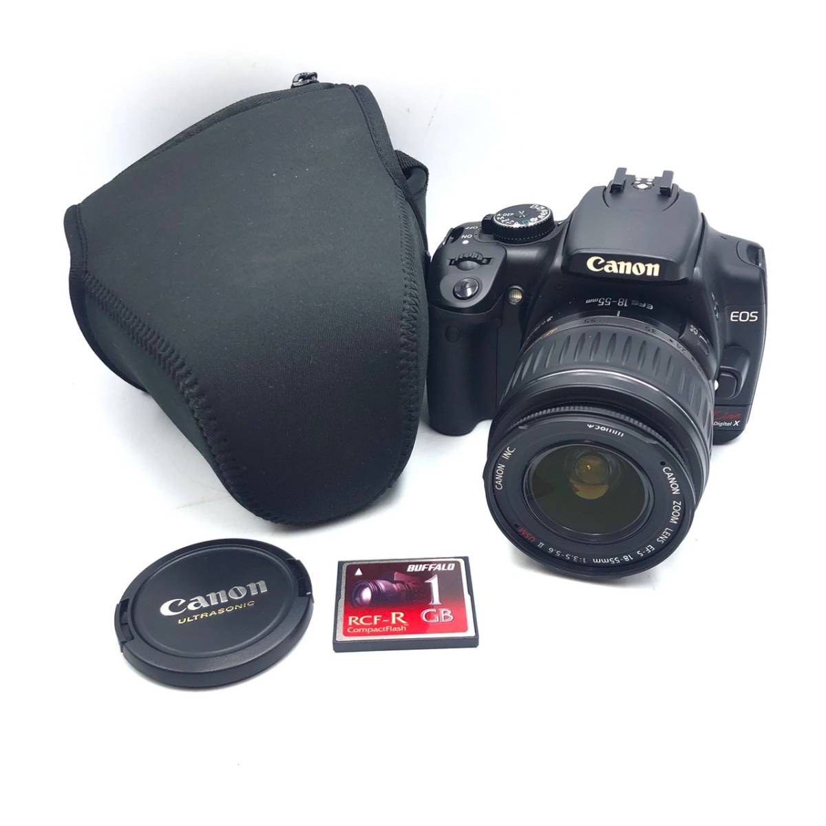 BAm090C Canon EOS Kiss Digital X 一眼レフ デジタルカメラ レンズ EF-S 18-55mm 1:3.5-5.6II USM φ58mm Buffalo RCF-R CFカード1GB付き_画像1