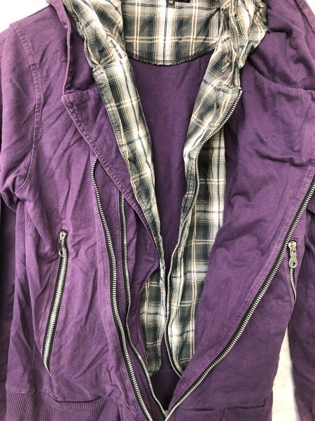 MICHEL KLEIN ミッシェルクラン チェックシャツ 重ね着風 ダブルジップ パーカー 羽織り 紫 48_画像4