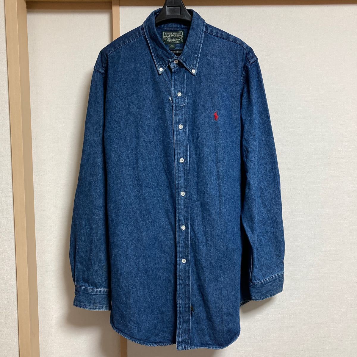 【希少】90s POLO COUNTRY RALPH LAUREN ポロカントリー ラルフローレン デニムシャツ 長袖シャツ ボタンダウン Lサイズ 古着 赤ポニー_画像1