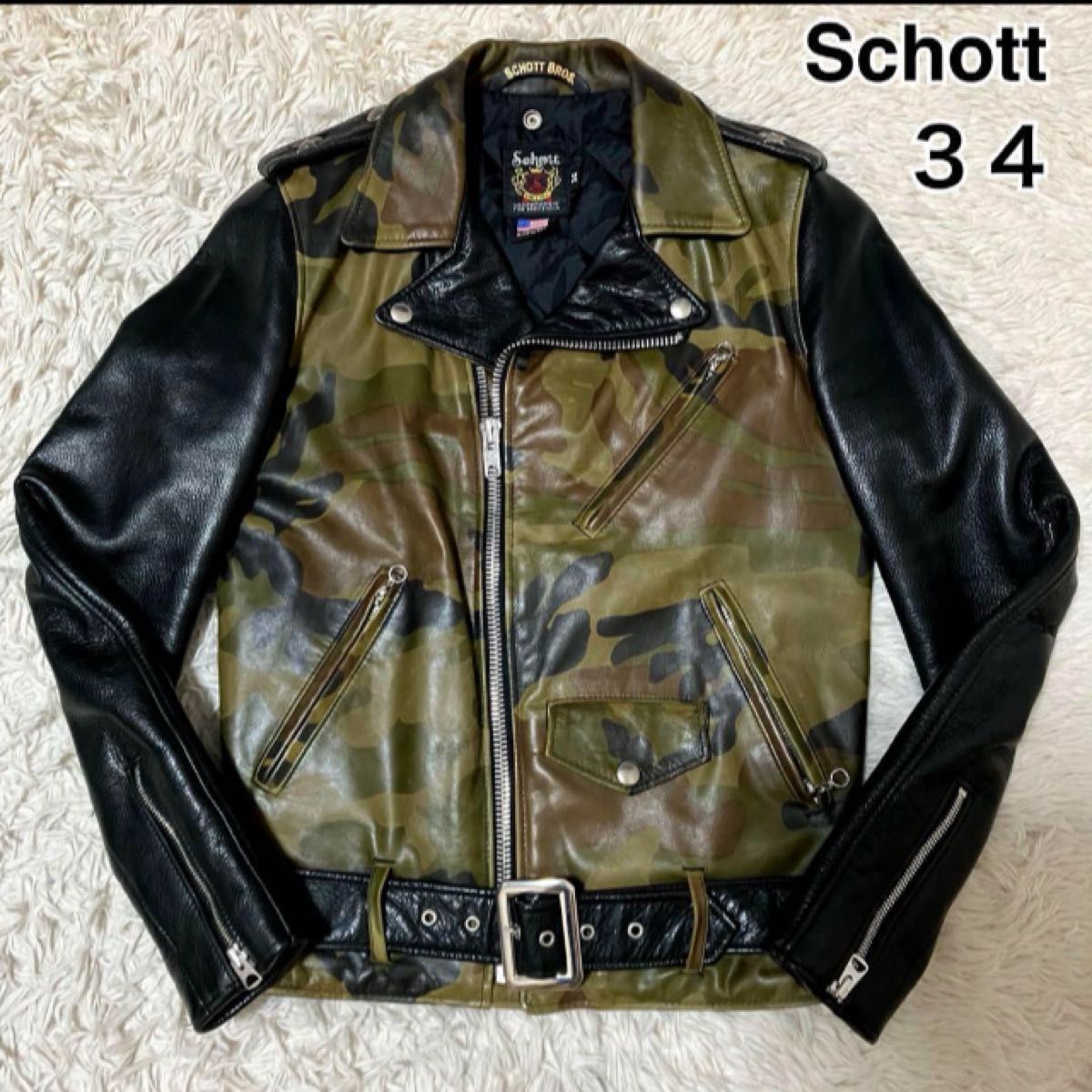 希少デザイン！Schott ショット ライダースジャケット ダブル ワンスター カモフラ レザー 牛革 切替 ブラック 黒 34