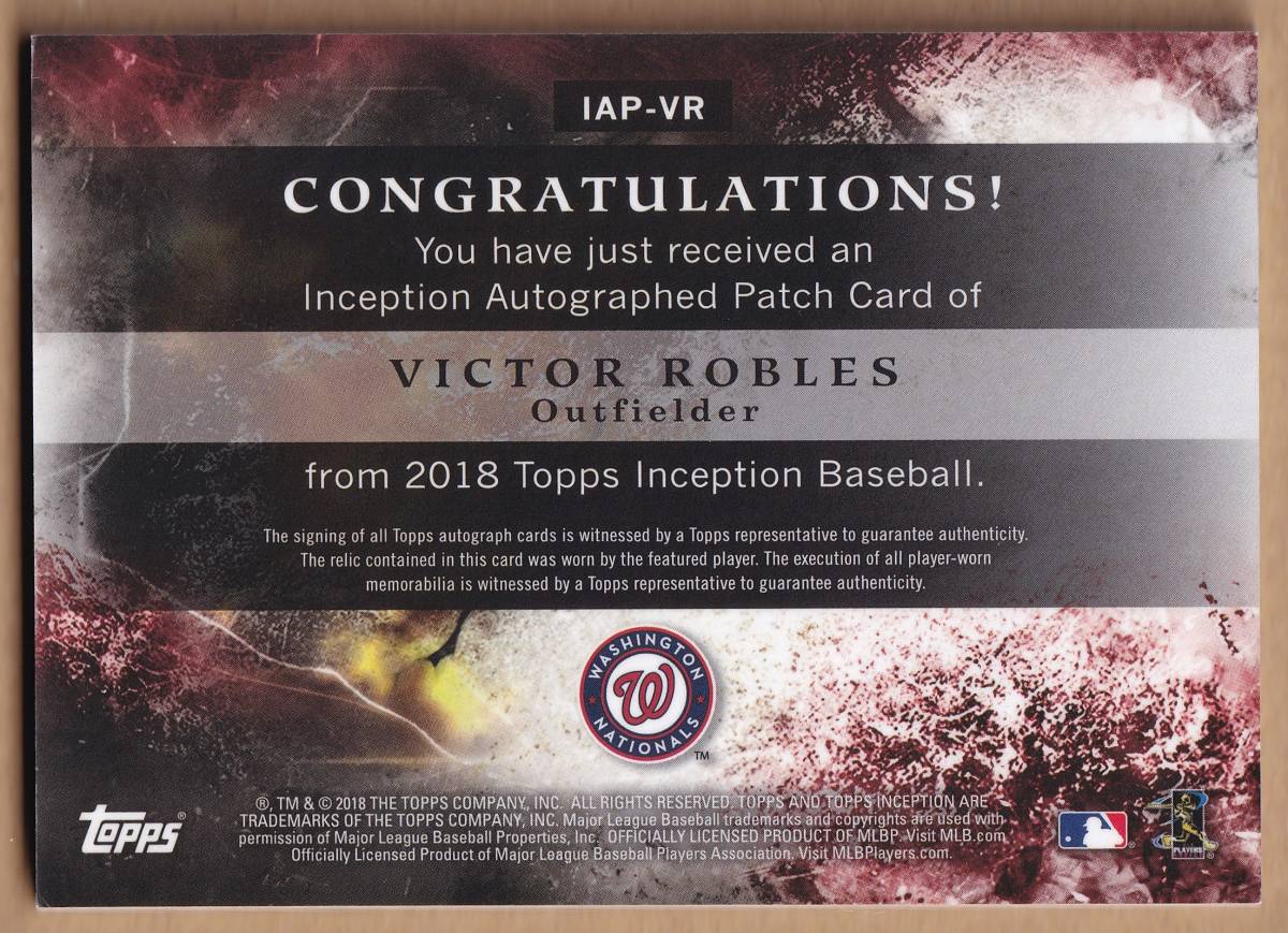 【ルーキーパッチオート】ビクター・ロブレス 2018 TOPPS INCEPTION ９９枚限定 直筆サインカード / ルーキーカード / RC【VICTOR ROBLES】_画像2