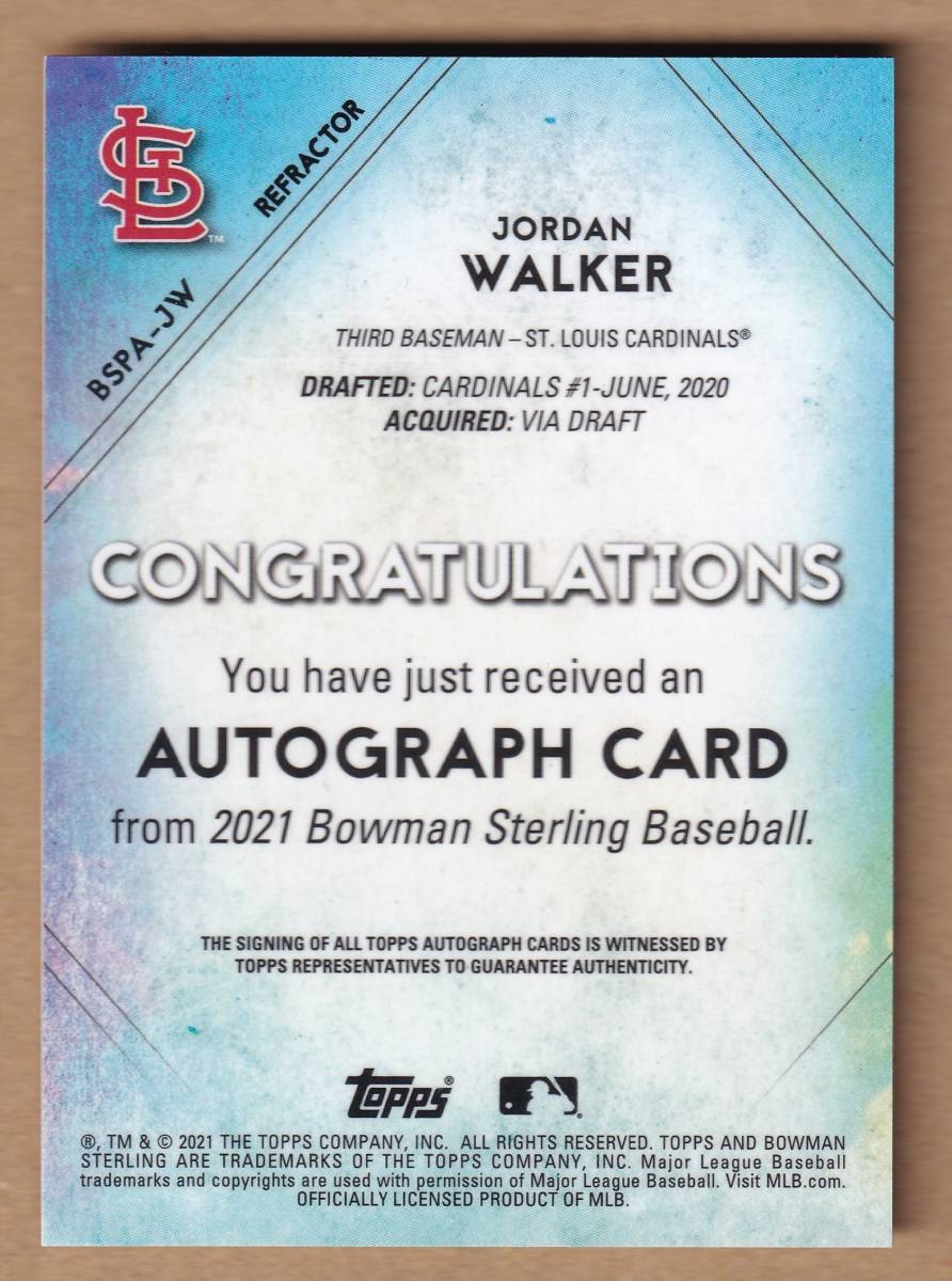 【ジョーダン・ウォーカー】直筆サインカード 2021 BOWMAN STERLING 150枚限定 PROSPECT AUTOGRAPH REFRACTOR #BSPA-JW【JORDAN WALKER】_画像2