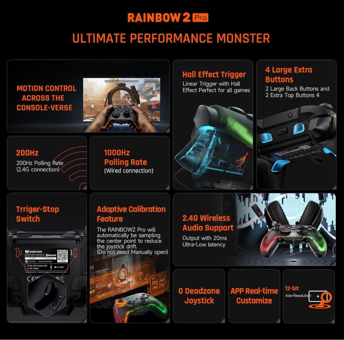 ワイヤレスコントローラー、BIGBIG WON Rainbow 2 Pro PCコントローラー 6軸ジャイロセンサー、ホール効果トリガー_画像2