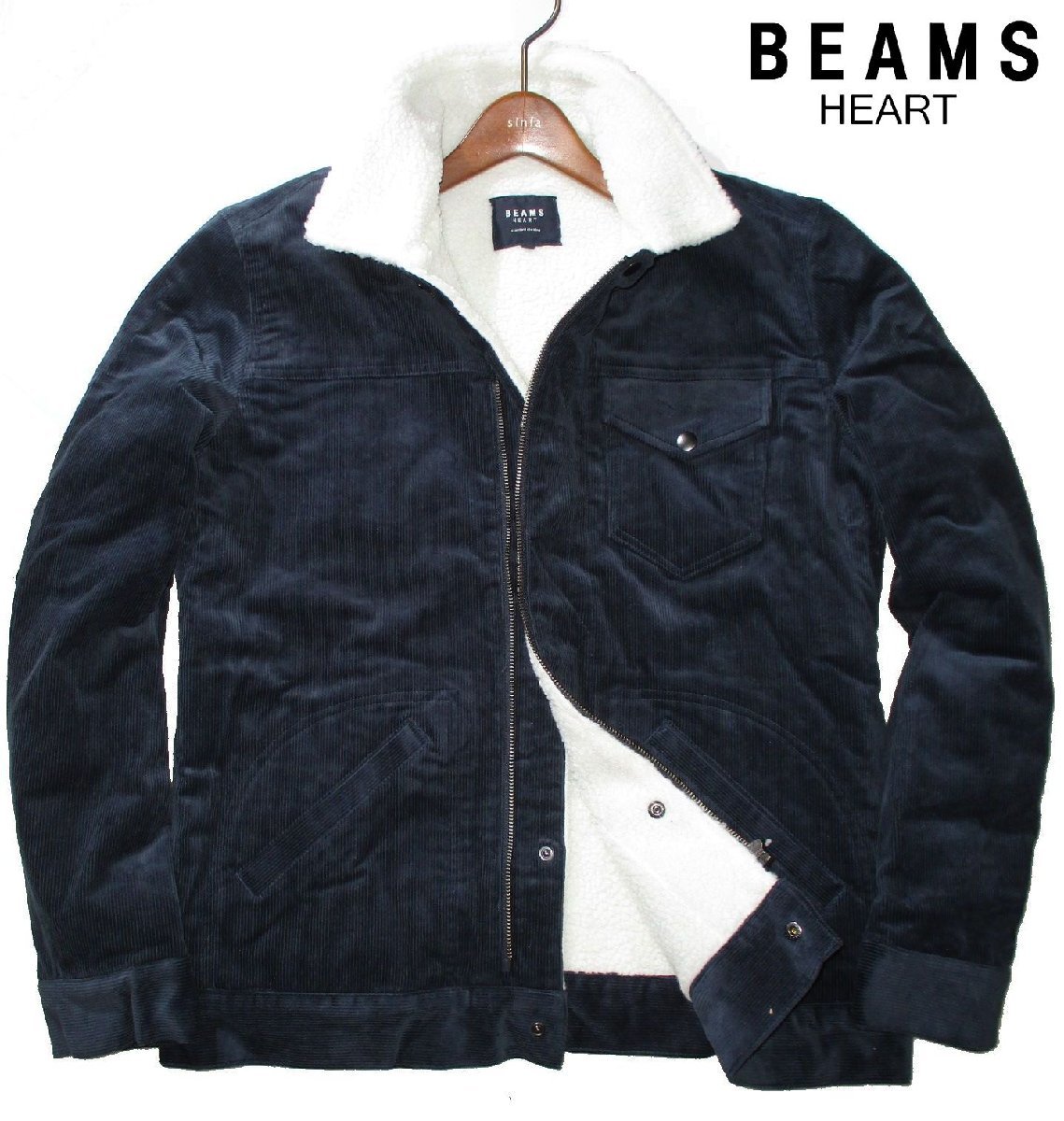 新品ラス1 定価1.43万 冬物 暖か 裏ボア 中綿入り M ▼ ビームス BEAMS HEART ▼ 厚手 コーデュロイ ブルゾン ダウン調 Gジャン 紺 メンズ_画像1