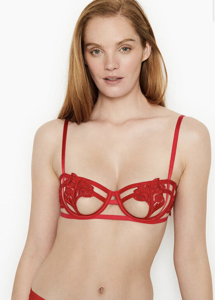 VICTORIA'S SECRET ヴィクトリアシークレット ストラッピー エンブロイダード バルコネット ブラ 紅 32D(D70相当、姉妹サイズC75,E65)_画像1