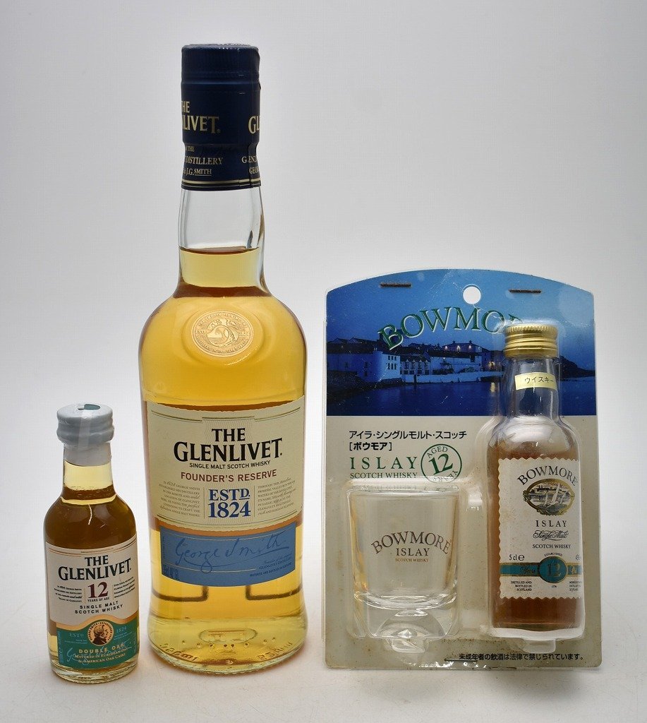 竜B303◆未開栓 ウイスキー ミニボトル ハーフボトル 3点 BOWMORE ボウモア 12年 50ml THE GLENLIVET グレンリベット 350ml 50ml_画像1