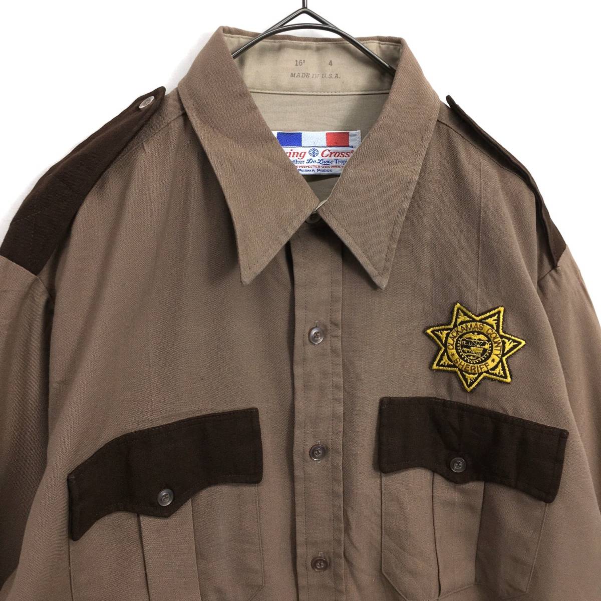 JZ0053★Flying Cross : USA製 CLACKAMAS COUNTY SHERIFF 保安官制服 シャツ★16.2★ベージュ/ブラウン系 クラカマス群保安官_画像3