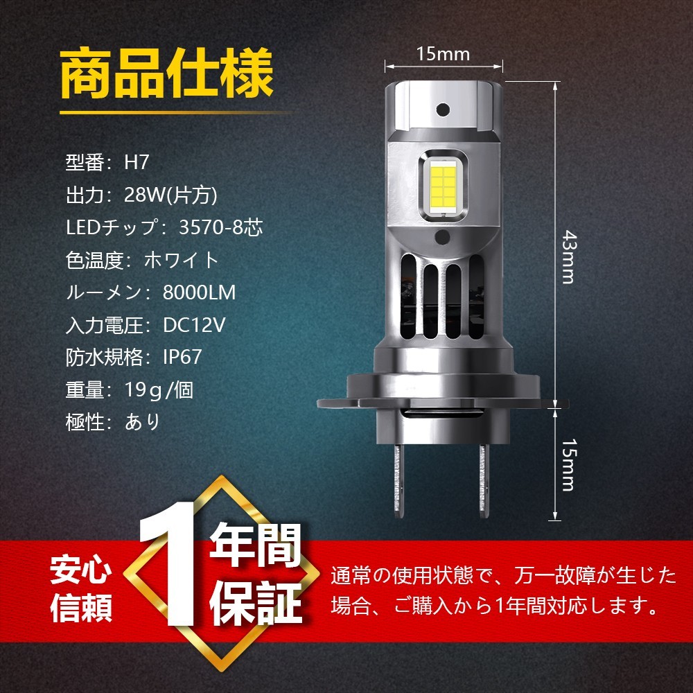 爆光 LED ヘッドライト H7 フォグランプ ホワイト 6500K IP67防水 LEDバルブ 12000ルーメン 左右合計 車検対応 DC12V 2個 送料込 LEDA-H01の画像7