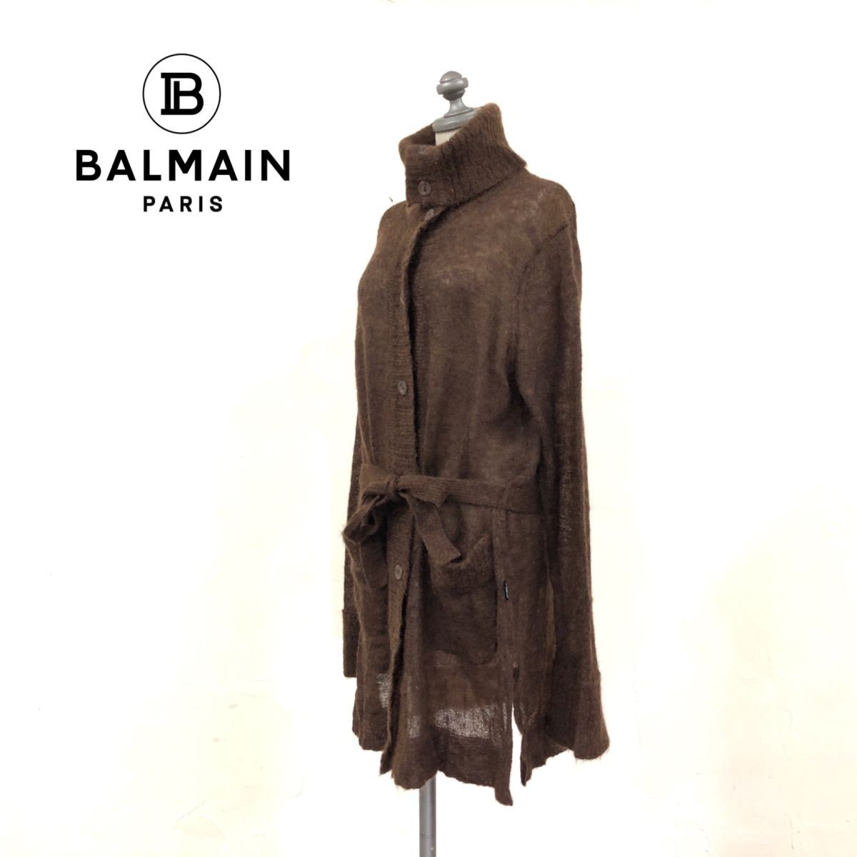 D2440-N◆old◆ BALMAIN バルマン キッドモヘヤカーディガン ジャケット ロング レディース ◆size40 ブラウン ウール_画像1