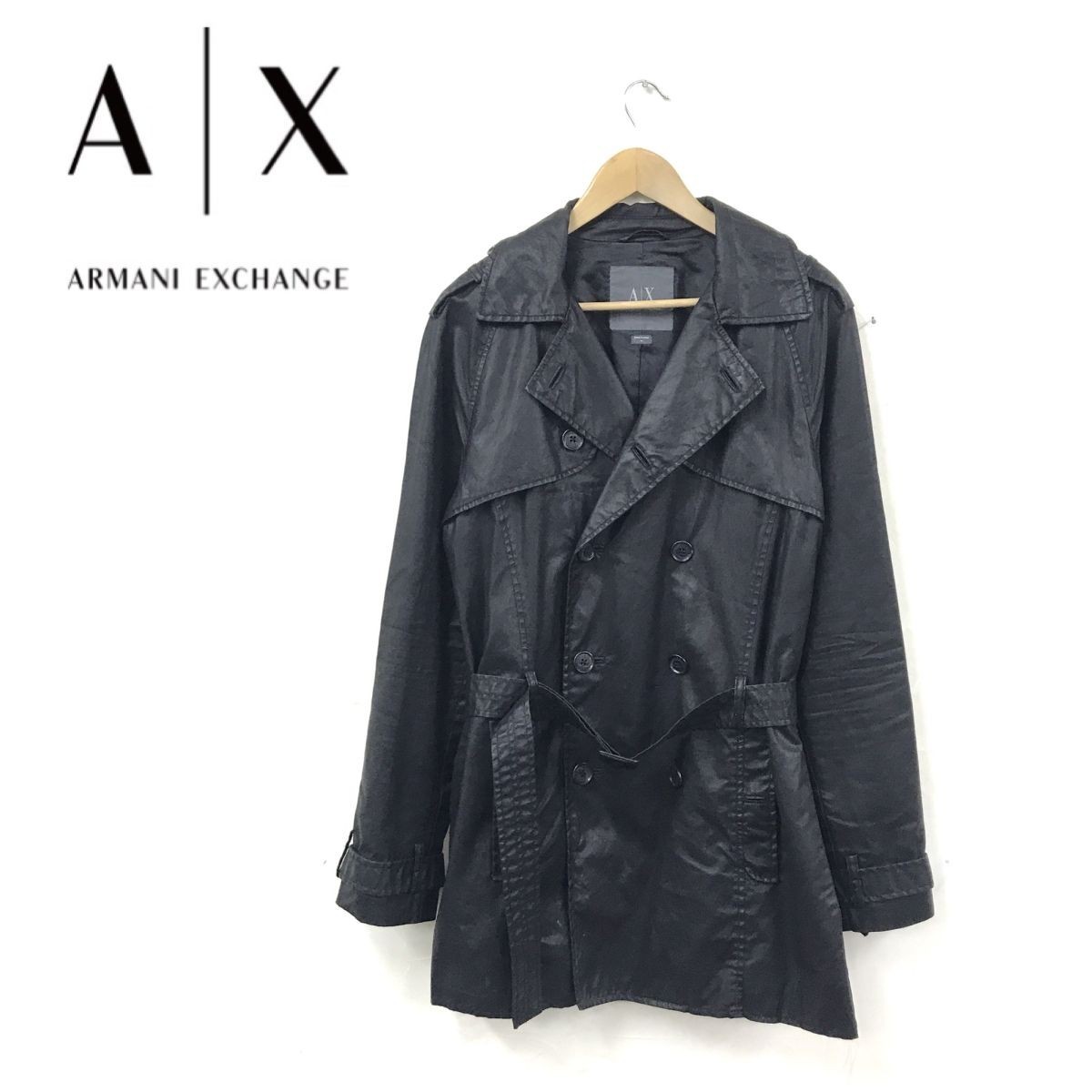 D2293-M◆ARMANI EXCHANGE アルマーニエクスチェンジ トレンチコート◆sizeM コットン コーティング加工 ブラック 光沢_画像1