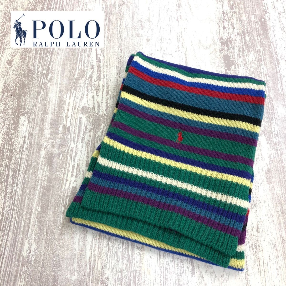 D2219-U-N◆Polo Ralph Lauren ポロラルフローレン マフラー ボーダー柄 マルチカラー カラフル 個性的◆size約162×26cm ラムウール_画像1