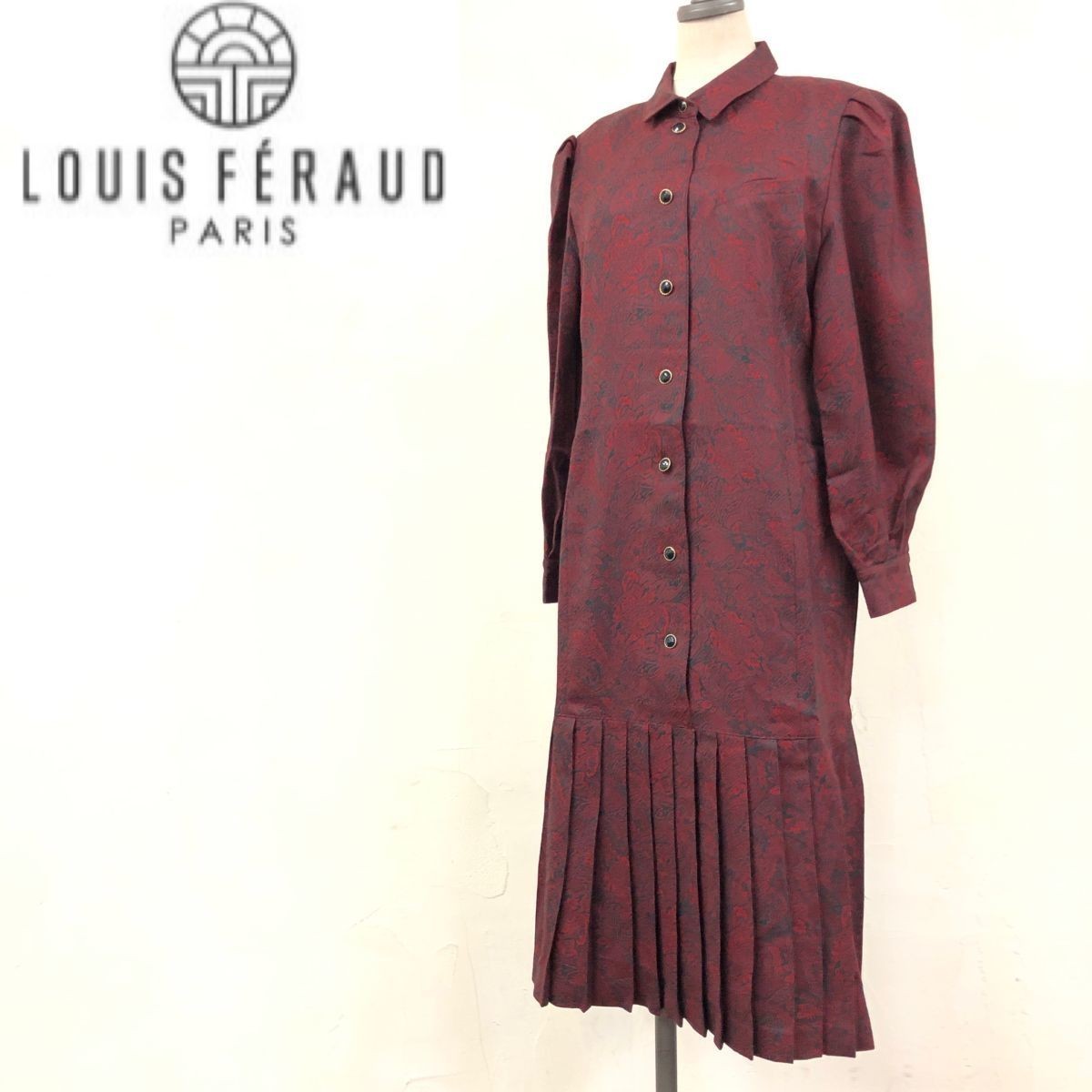 D1995-F-N◆ louis feraud ルイフェロー ワンピース 長袖 ロング トップス ◆ size9 ウール100 レッド 総柄 古着 レディース 秋冬_画像1