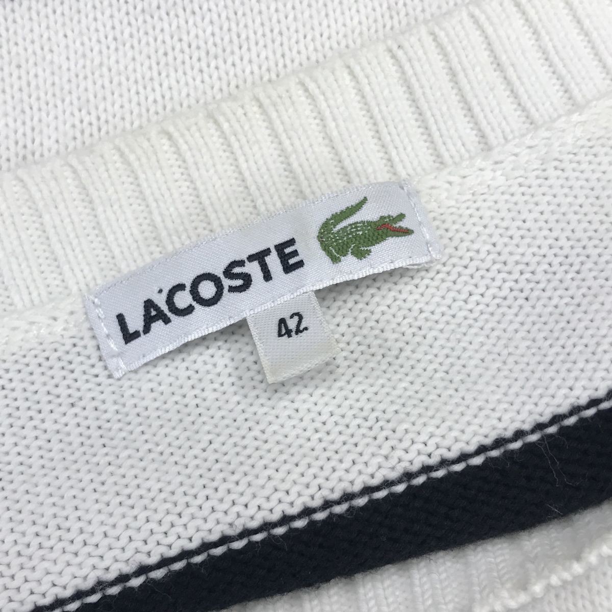 N2098-F-N◆ LACOSTE ラコステ ニット セーター トップス ◆ size42 コットン100 ホワイト ブラック ボーダー レディース 秋冬 古着_画像7