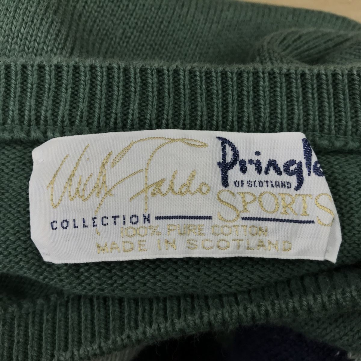 D993-N◆old◆スコットランド製◆ Pringle プリングル コットンニット セーター 長袖 刺繍 ゴルフ ◆sizeS グリーン系 アーガイル 綿_画像8